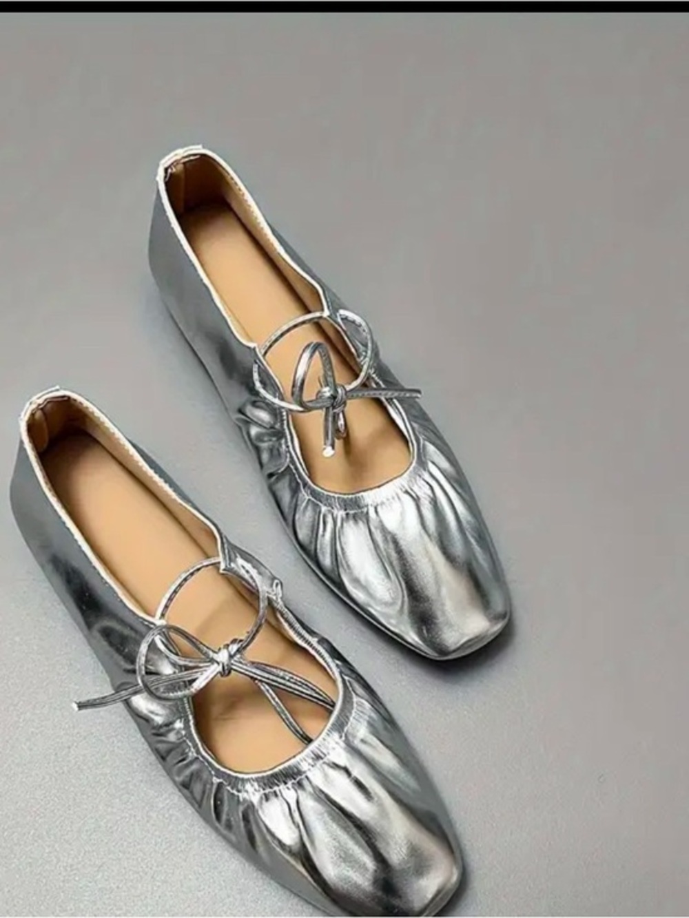 Women’s Metallic Silver Ballet Flats with Tie Detail